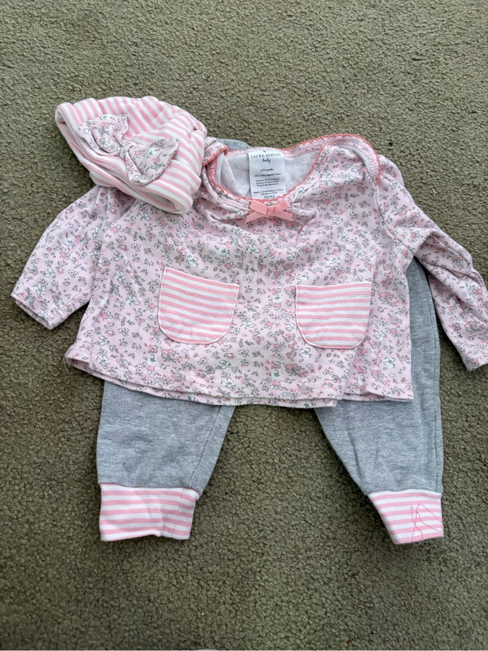 Laura Ashley Pink Floral & Gray Two-Piece Pajama Set with Hat